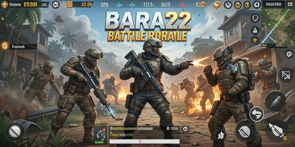 Screenshot gameplay BARA22 yang menunjukkan aksi Battle Royale yang mendebarkan.