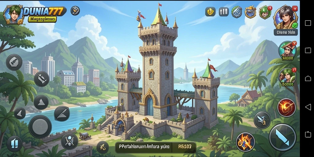 Screenshot yang menampilkan gameplay DUNIA777 dalam pertahanan menara yang menegangkan.