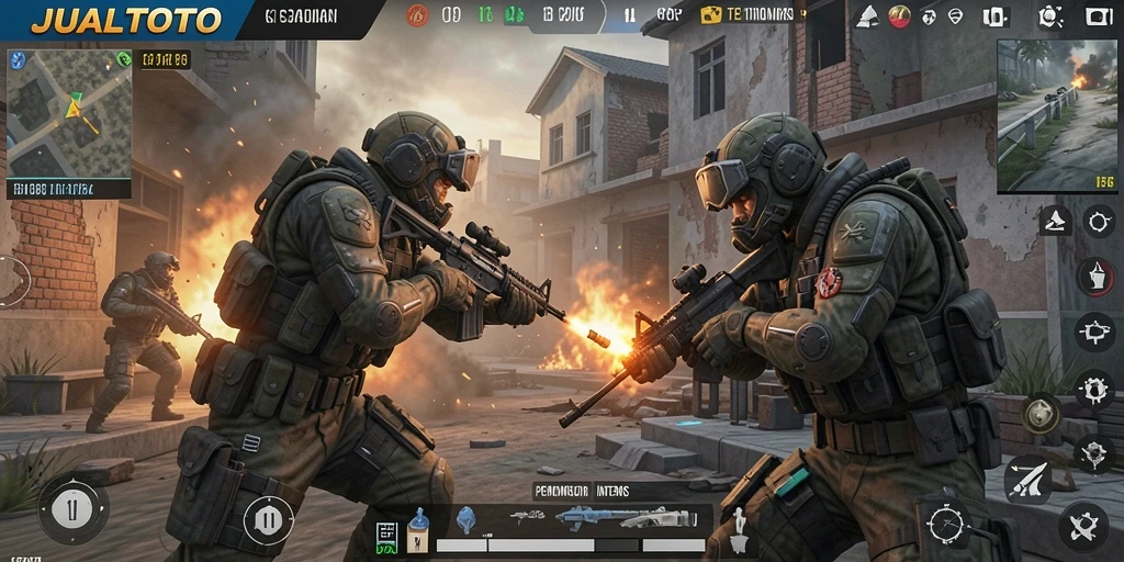Screenshot gameplay JUALTOTO menampilkan aksi nyata di arena pertempuran FPS.