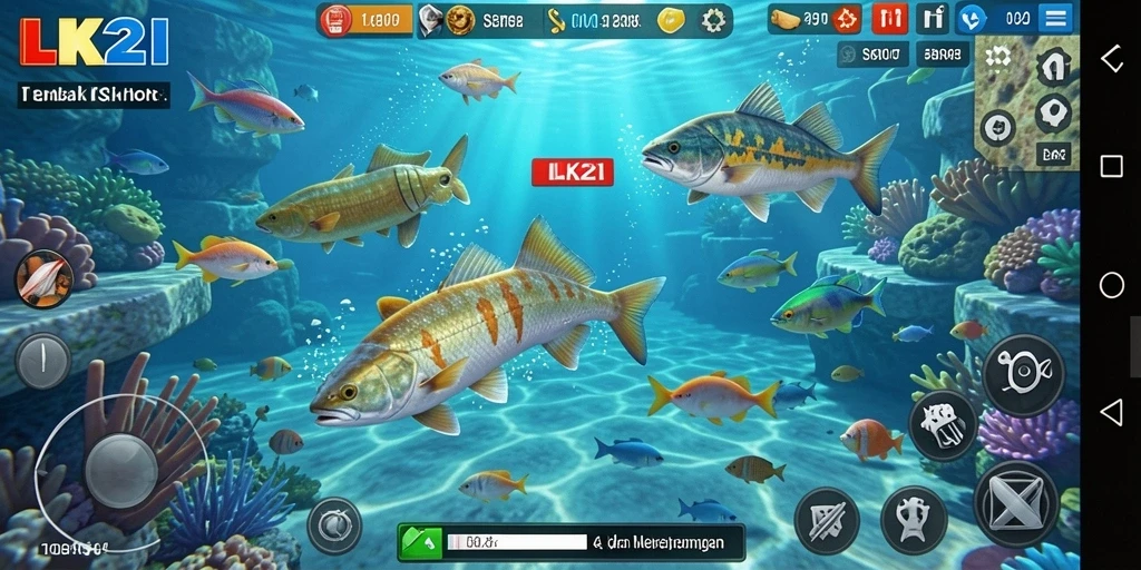 Screenshot utama LK21 menampilkan aksi seru menembak ikan di laut.